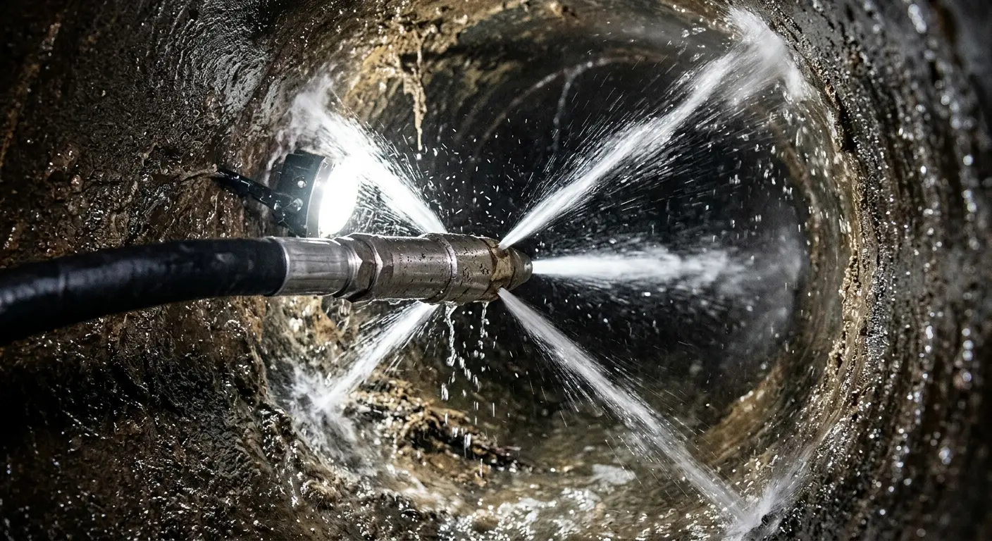 High-pressure hydro jetting nozzle cleaning sewer pipe for Emergency Drain Service in Mound