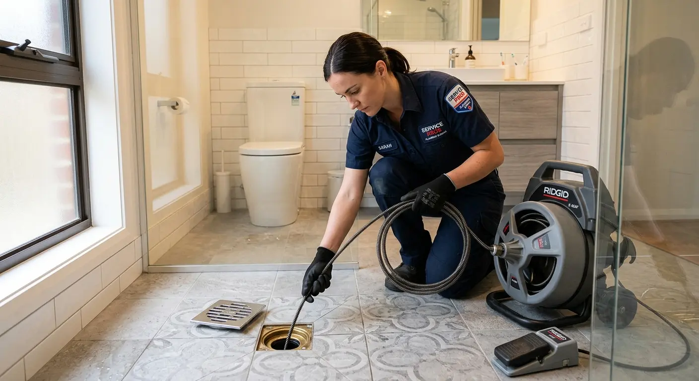 Technician clearing a bathroom floor drain for Clogged Drain Repair in Mound